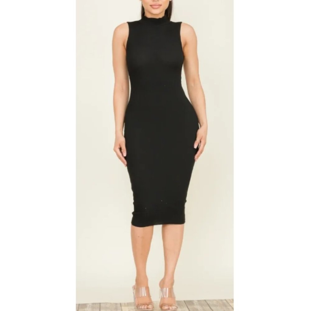 NWT Black Sleeveless Mock Neck Open Back Cut Out Midi Bodycon Imma Diva Dress